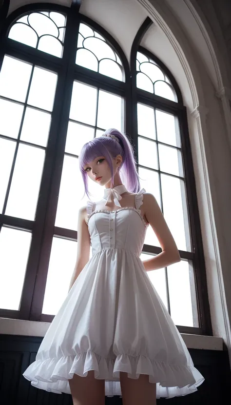 魅惑的な笑顔, raised to be sexy, ponytail, white hair accessory, sleeveless ruffle dress, bright purple hair, Standing, Indoors with window view, bright lighting with shadows projected onto the floor, vibrant and dynamic atmosphere, at a low angle, light shining...