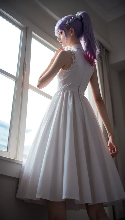 魅惑的な笑顔, raised to be sexy, ponytail, white hair accessory, sleeveless ruffle dress, bright purple hair, Standing, Indoors with window view, bright lighting with shadows projected onto the floor, vibrant and dynamic atmosphere, at a low angle, light shining...
