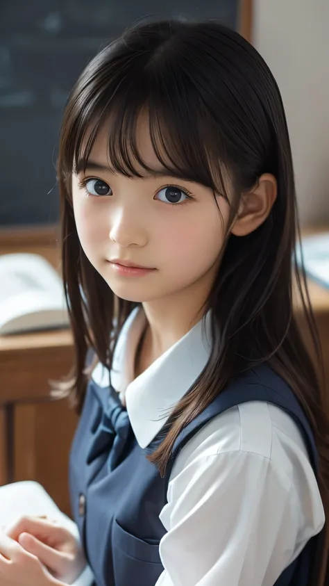 Imagine a charming illustration in the style of Loundraw, Depicts a beautiful schoolgirl. She is wearing a classic school uniform, With a fitted skirt and a perfectly lined shirt. Her long black hair, With soft bangs, Falling gracefully over her shoulders....