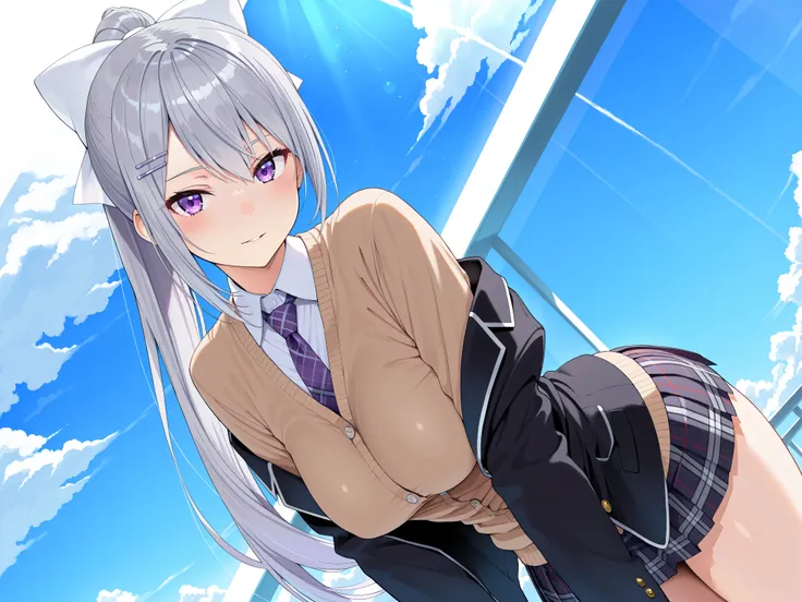 masterpiece,best quality, amazing quality, highres, absurdres, very aesthetic, high resolution, ultra detailed, perfect details,nijikaede,large breasts,purple eye,grey hair,long eyelashes,long hair,ponytail,white bow,hair pin,nijikaedecos,white shirt,purpl...