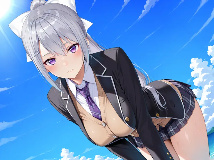 masterpiece,best quality, amazing quality, highres, absurdres, very aesthetic, high resolution, ultra detailed, perfect details,nijikaede,large breasts,purple eye,grey hair,long eyelashes,long hair,ponytail,white bow,hair pin,nijikaedecos,white shirt,purpl...