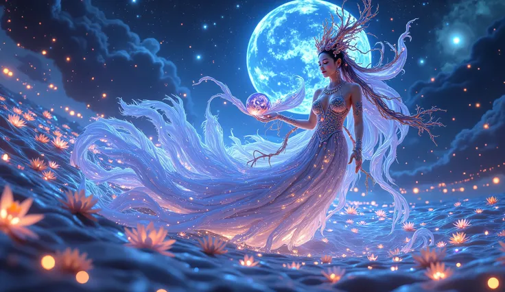 Chang'e, the Chinese moon goddess, floating gracefully with her divine rabbit on the glowing moon surface, offering a glowing elixir, under a vast cosmic sky filled with ethereal nebulae and drifting stardust, ancient lunar temples and floating lotus flowe...