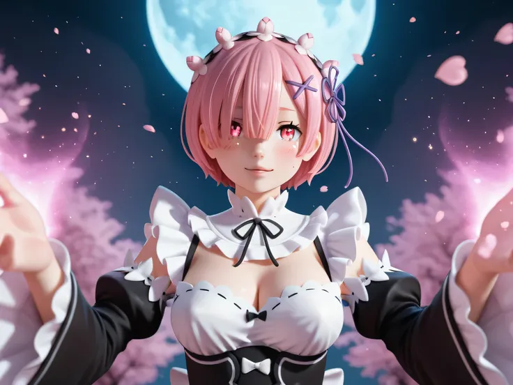 Rim and Rem from Re:Zero, both in their original maid outfits, ultra-detailed and seductive body language, together but on separate bodies, large busts, graceful curves, beautiful smiles, bright eyes, soft glowing blush on cheeks, blue and pink lighting en...