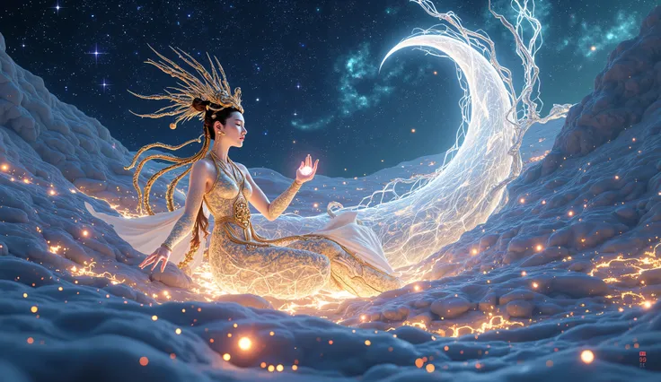 Chang'e, the Chinese moon goddess, floating gracefully with her divine rabbit on the glowing moon surface, offering a glowing elixir, under a vast cosmic sky filled with ethereal nebulae and drifting stardust, ancient lunar temples and floating lotus flowe...