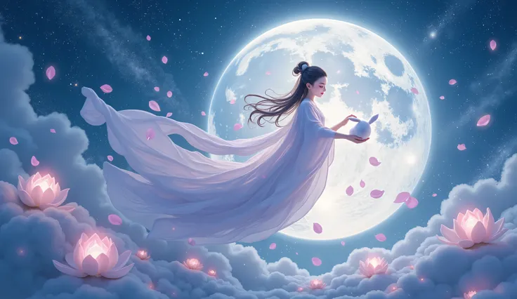 Divine scene of Chang'e, the Chinese moon goddess, drifting elegantly above a glowing moon surface, holding a luminous elixir in one hand and caressing her celestial rabbit with the other, surrounded by floating lotus petals and ancient moon temples under ...