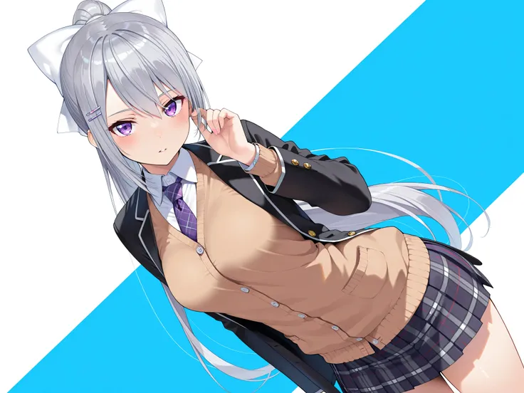 masterpiece,best quality, amazing quality, highres, absurdres, very aesthetic, high resolution, ultra detailed, perfect details,nijikaede,purple eye,grey hair,long eyelashes,long hair,ponytail,white bow,hair pin,nijikaedecos,white shirt,purple necktie,plai...