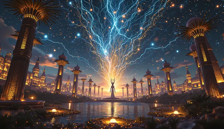 At the mystical hour before dawn, the Egyptian god Osiris raises his arms beneath a sky blazing with stars, while Isis as Sirius manifests above the eastern horizon, her form a radiant constellation illuminating the sacred Nile Valley. Floodwaters sparkle ...