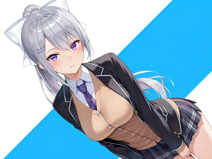 masterpiece,best quality, amazing quality, highres, absurdres, very aesthetic, high resolution, ultra detailed, perfect details,nijikaede,purple eye,grey hair,long eyelashes,long hair,ponytail,white bow,hair pin,nijikaedecos,white shirt,purple necktie,plai...