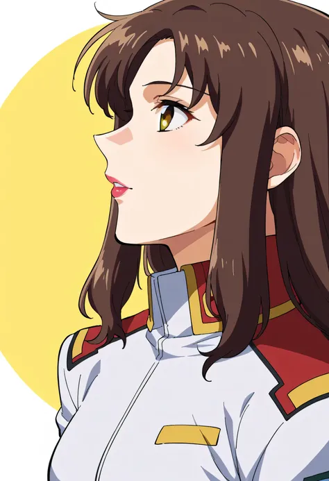 Please draw the facial expression even more delicately,巨乳でもウエストが細いscore_9,score_8_up,score_7_up,score_6_up,score_5_up,score_4_up,anime coloring BREAK source_anime,Muru,1 girl,solo,brown eyes in the bedroom,brown hair,long hair,lipstick,S1 jacket ,multicolo...