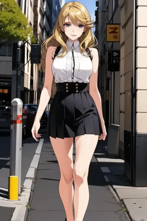 Please be blonde,Can you draw a dark blue pleated miniskirt,please draw her expression more delicately,walking alone, city tour ,,(((She's wearing casual tourist attire))), I have a SLR camera ,(Let's draw a more delicate look),(sleeveless wool sweate...