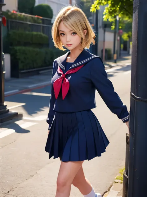 Surrealism, retina, masterpiece, accurate, anatomically correct, super detail, best quality, 8k, extremely precise in every detail, beautiful detailed glow, beautiful attention to detail, beautiful detailed eyes, a girl in a long-sleeved navy-blue Sailor U...
