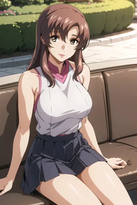 smile,I'm sitting with my legs closed,My skin shows through when wet,smile,draw a picture of him resting on a park bench,is sitting,Panchira,Draw white knee-high boots on both legs,Let's draw a short pleated mini skirt,Big BreastsをさらにBig Breastsに描いて下さい,{{X...