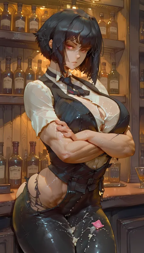 masterpiece, best quality, amazing quality, hyper-detailed, newest, very aesthetic, massive breasts, 1girl, black hair, red eyes, short hair, hd, large thighs, bartender clothes, muscle, Cutesexyrobutts, looking at the viewer, solo, suchwet, bar background...