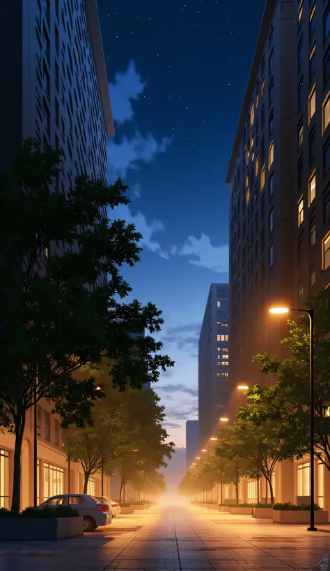 urban street at night with tall buildings, trees along the sidewalks, parked cars, street lamps with warm light, clean street, realistic 3D digital art, calm and peaceful night atmosphere, clear sky"
