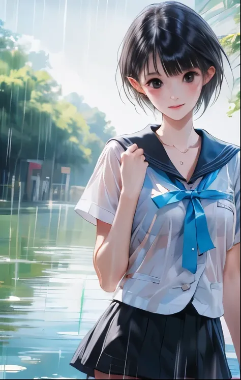 （（（ＳＦＷ、Highest quality、 first class masterpiece 、normal body 、32k、detailed face、super precise、normal hand、5 fingers、Highest）））、hinako-shirai、Shirai Hinako、Beautiful Girl、black hair、bob cut、slender、 slim、beautiful breasts、Summer school uniform、ultra-thin sa...