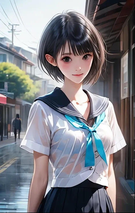（（（ＳＦＷ、Highest quality、 first class masterpiece 、normal body 、32k、detailed face、super precise、normal hand、5 fingers、Highest）））、hinako-shirai、Shirai Hinako、Beautiful Girl、black hair、bob cut、slender、 slim、beautiful breasts、Summer school uniform、ultra-thin sa...