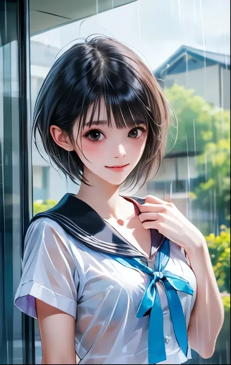 （（（ＳＦＷ、Highest quality、 first class masterpiece 、normal body 、32k、detailed face、super precise、normal hand、5 fingers、Highest）））、hinako-shirai、Shirai Hinako、Beautiful Girl、black hair、bob cut、slender、 slim、beautiful breasts、Summer school uniform、ultra-thin sa...