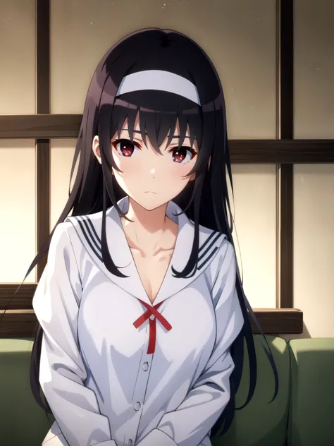 tall body, tall, long legs, mature female, mature, adults, eft_SAEKANO_ it's not coming  , 1 girl on break day, kasumigaoka  it's not coming  , solo, long hair, headband, black hair, Red Eyes, upper body, white headband, shirt, Bangs, indoor, Viewers looki...
