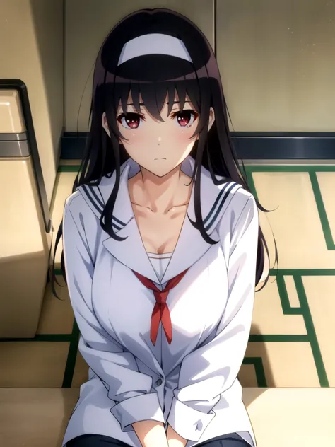 tall body, tall, long legs, mature female, mature, adults, eft_SAEKANO_ it's not coming  , 1 girl on break day, kasumigaoka  it's not coming  , solo, long hair, headband, black hair, Red Eyes, upper body, white headband, shirt, Bangs, indoor, crying and ur...