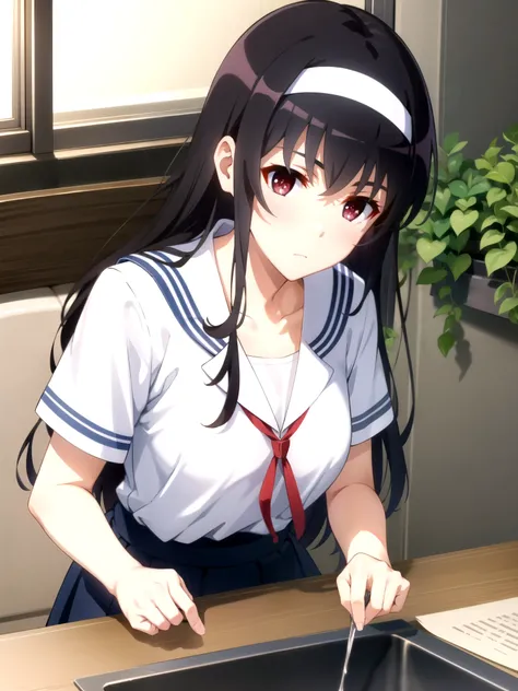 tall body, tall, long legs, mature female, mature, adults, eft_SAEKANO_ it's not coming  , 1 girl on break day, kasumigaoka  it's not coming  , solo, long hair, headband, black hair, Red Eyes, upper body, white headband, shirt, Bangs, indoor, Viewers looki...