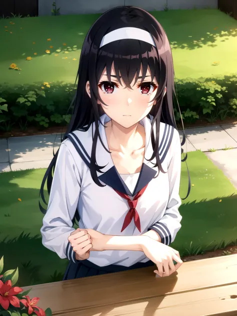 tall body, tall, long legs, mature female, mature, adults, eft_SAEKANO_ it's not coming  , 1 girl on break day, kasumigaoka  it's not coming  , solo, long hair, headband, black hair, Red Eyes, upper body, white headband, shirt, Bangs, indoor, crying and ur...