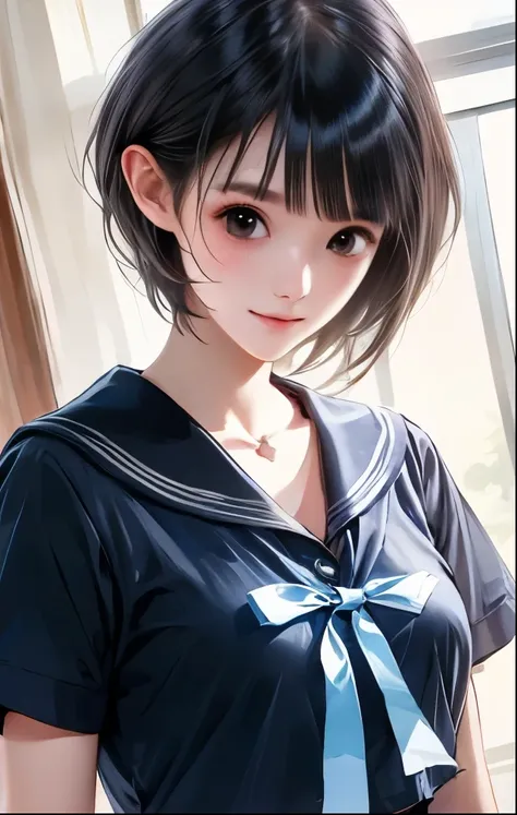 （（（ＳＦＷ、Highest quality、 first class masterpiece 、normal body 、32k、detailed face、super precise、normal hand、5 fingers、Highest）））、hinako-shirai、Shirai Hinako、Beautiful Girl、black hair、bob cut、slender、 slim、beautiful breasts、Summer school uniform、ultra-thin sa...