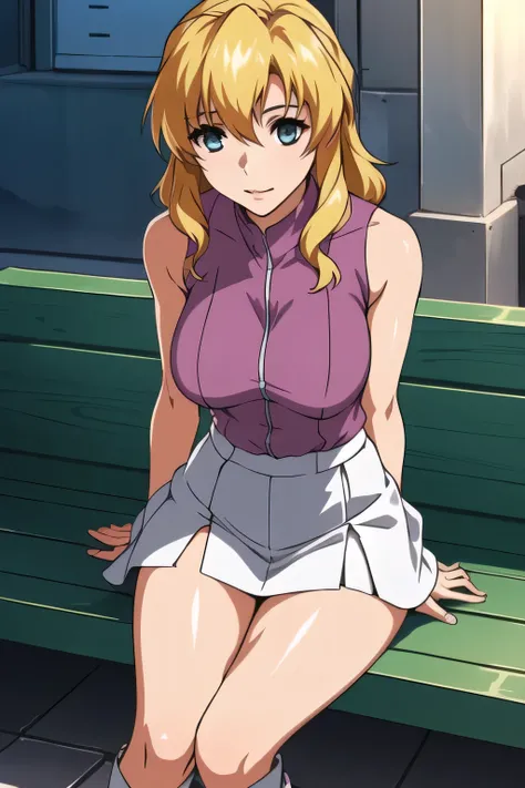 smile,I'm sitting with my legs closed,Please be blonde,pink blouse,My skin shows through when wet,smile,draw a picture of him resting on a park bench,is sitting,Panchira,Draw white knee-high boots on both legs,Let's draw a short pleated mini skirt,Big Brea...