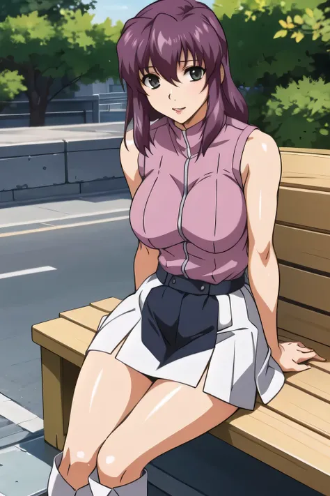 smile，I'm sitting with my legs closed，Please be blonde，pink blouse，My skin shows through when wet，smile，draw a picture of him resting on a park bench，is sitting，Panchira,Draw white knee-high boots on both legs,Let's draw a short pleated mini skirt,Big Brea...