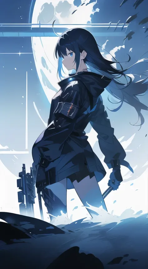 girl watching the moon with a baton, Tsutomu Nihei style, inspired Yoroizuka Toshihiko , manga style, Yoroizuka Toshihiko , Inspired by Junsaku Koizumi, High Contrast Illustration s, color illustration panel, conductor, High Contrast Illustration ,  dark. ...
