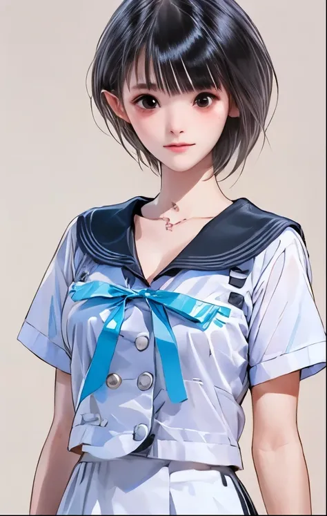 （（（ＳＦＷ、Highest quality、 first class masterpiece 、normal body 、32k、detailed face、super precise、normal hand、5 fingers、Highest）））、hinako-shirai、Shirai Hinako、Beautiful Girl、black hair、bob cut、slender、 slim、beautiful breasts、Summer White School Uniform 、sailor...