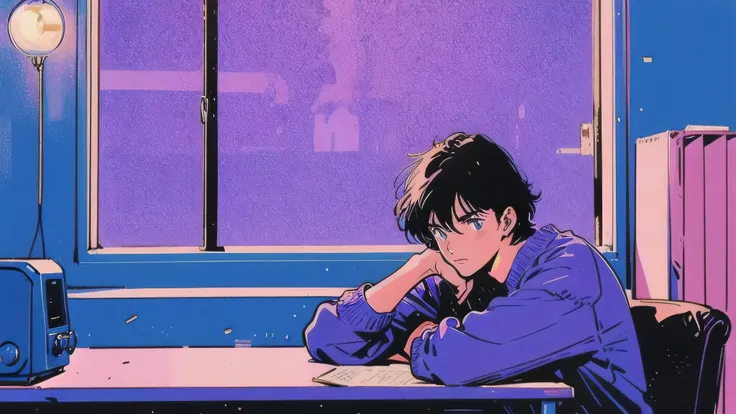 An anime-style illustration inspired by 1980s city pop aesthetics. A young man with tousled black hair sits at his desk in a dimly lit room, studying late at night. He wears a casual vintage sweater and jeans. The room is softly illuminated by a desk lamp ...