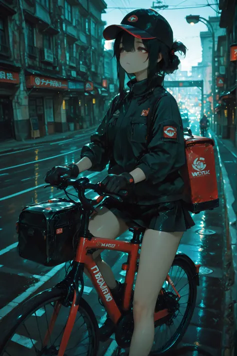 
Sci-fi movie, girl riding a bicycle, long black hair, hair tied up, beautiful face, hat with company logo, at work, delivery person, uniform, gloves, delivery bag, mini skirt, main street, roadway, in a hurry, road bike, ((accurate bicycle)), amazing back...