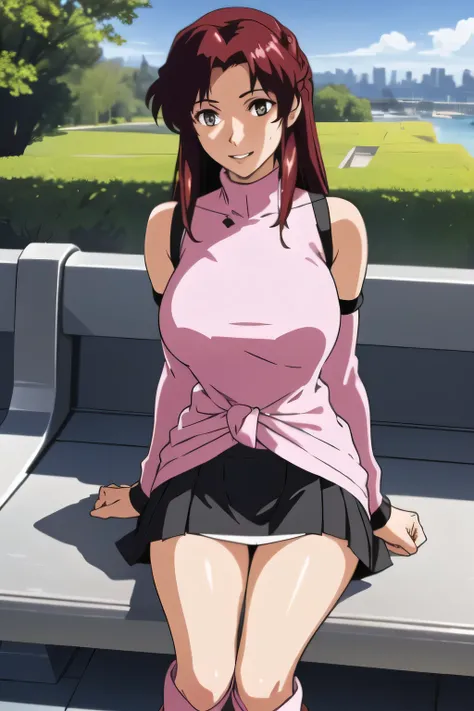 smile,I'm sitting with my legs closed,pink long hair color、My skin shows through when wet,smile,draw a picture of him resting on a park bench,is sitting,Panchira,Draw white knee-high boots on both legs,Let's draw a short pleated mini skirt,Big BreastsをさらにB...