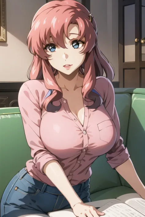 (Please draw more delicately),( pink shirt),(navy blue jeans)(blue panties),The work is a mix of 、horror-themed style 、This alone is amazing, but、I was surprised, don't prepare her face for work {X}, pink shirt,navy blue jeansを履いている, lying on the sofa ...