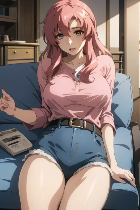 (Please draw more delicately),( pink shirt),(navy blue jeans)(blue panties),The work is a mix of 、horror-themed style 、This alone is amazing, but、I was surprised, don't prepare her face for work {X}, pink shirt,navy blue jeansを履いている, lying on the sofa ...
