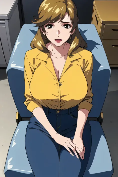 Please be blonde, 40 year old, mature woman,(Please draw more delicately),(yellow shirt),(navy blue jeans micro mini skirt)( Navy blue panties),The work is a mix of 、this alone is amazing, but、I was surprised, don't prepare her face for work {X},yellow...