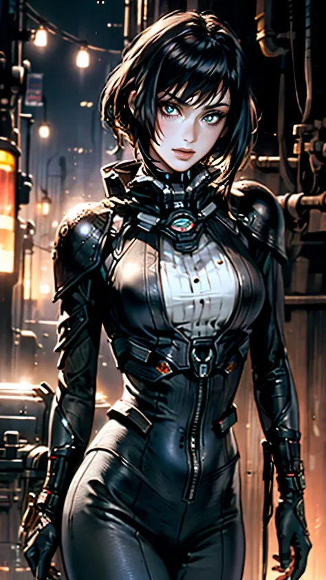 masterpiece, best quality, a beautiful woman with long shiny hair, choppy bangs, delicate face, passionate gaze, perfect smille, blush, seductive expression, tall and fit figure, perfect body, perfect skin, seductive pose, sexy Futuristic Technological Nan...