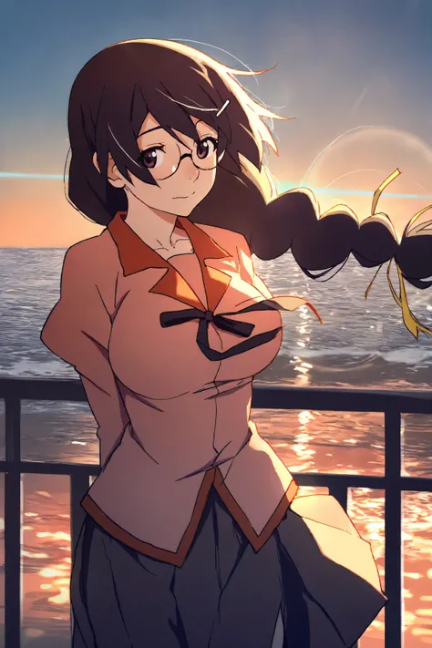 hanekawa,masterpiece,best quality,good quality,1girl,solo,naoetsu_high_school_uniform,hair fluttering in the wind,dusk,street,railing,ocean,reflection of light on the water surface,standing,cowboy_shot,looking_at_viewer,lens_flare,bokeh,rim light,