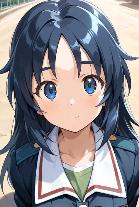 yamagou ayumi,ooarai military uniform,ground,face focus,front view,looking at viewer,