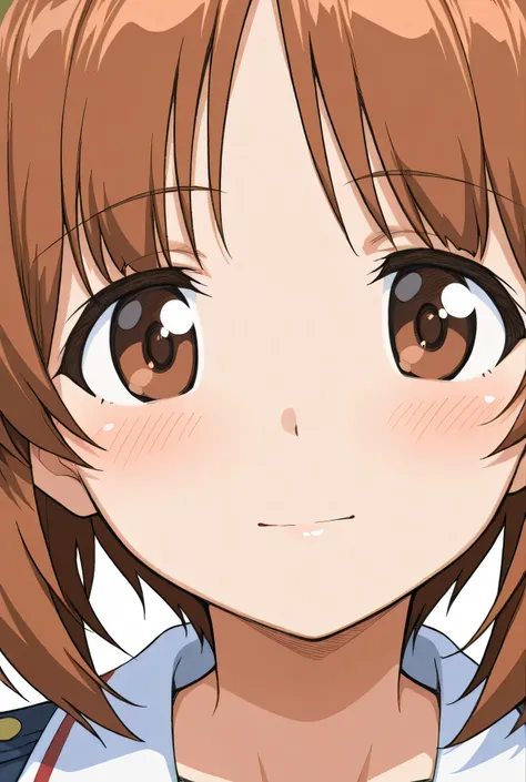 nishizumi miho,ooarai military uniform,ground,face focus,front view,looking at viewer,