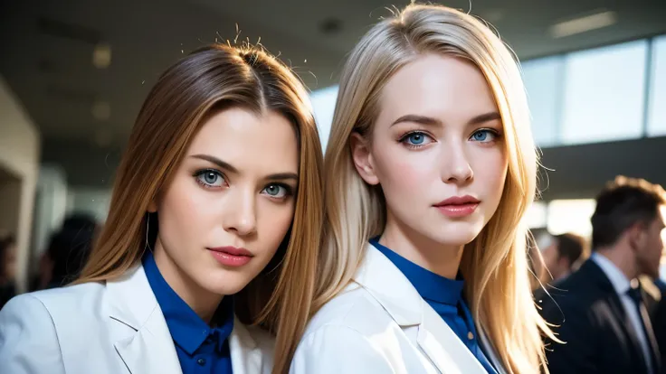 Upper body shot of an 18-year-old beautiful white twin model with impressive blue eyes standing apart against the large exhibition hall on the top floor of a gorgeous skyscraper,, a wide hallway that stretches straight out,Upper body shot of an 18-year-old...