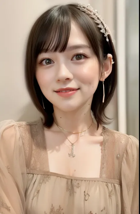 Neat and young woman、 long sleeve blouse、necklace、looking at camera、ear piercing、 pale brown hair、dark eyeshadow、upper body、Background is in a room、