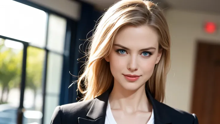 Upper body shot of an 18-year-old beautiful white twin model with impressive blue eyes standing apart against the large exhibition hall on the top floor of a gorgeous skyscraper,, a wide hallway that stretches straight out,Upper body shot of an 18-year-old...