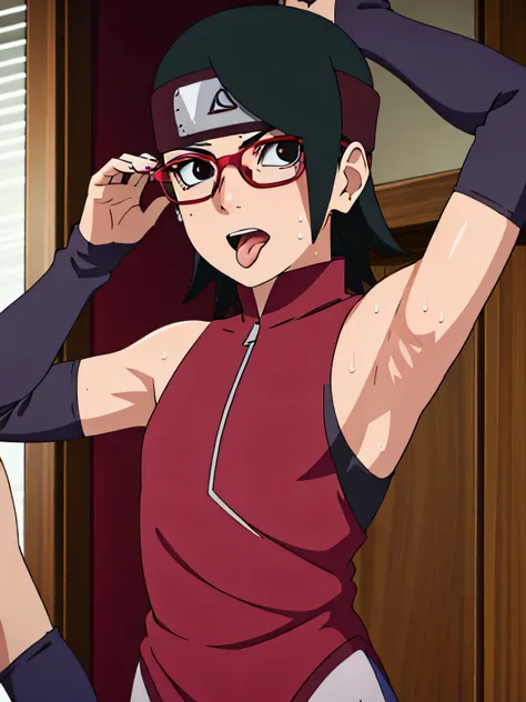 Sarada Uchiha,human woman with fair skin. She is a r with black eyes and red clothing. Her hair is black in color; She is beautiful.Wearing red rimmed glasses.Tsundere face. Pink eye shading,mature appearance,armpits,sweat,sweaty,sweaty armpits,arms up,s...