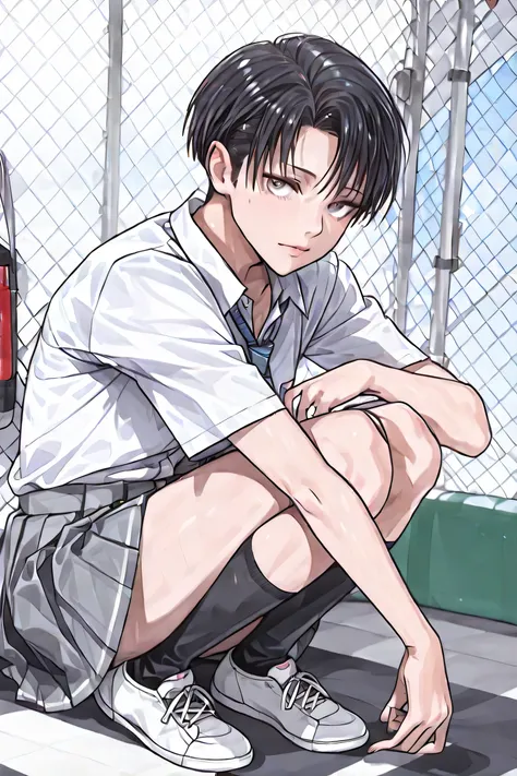 Levi、short hair、realistic、full body(1:2)、I'm wearing a school uniform shirt、looking at me、 reach out