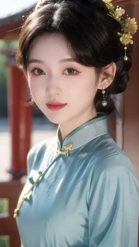 1 beautiful girl,Best Quality,(painting:1.5),Chest,torii,,depth of field, detailed face ,facial focus,ribbon_trim,(watching the audience:1.25),Smile,Thick lips,Real People,dark blue cheongsam