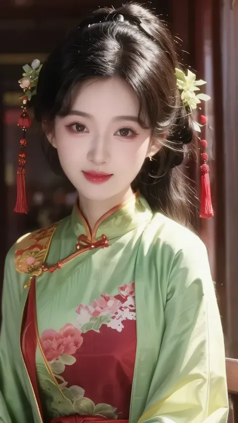 1 beautiful girl,Best Quality,(painting:1.5),Chest,torii,,depth of field, detailed face ,facial focus,ribbon_trim,(watching the audience:1.25),Smile,Thick lips,Real People,dark red cheongsam