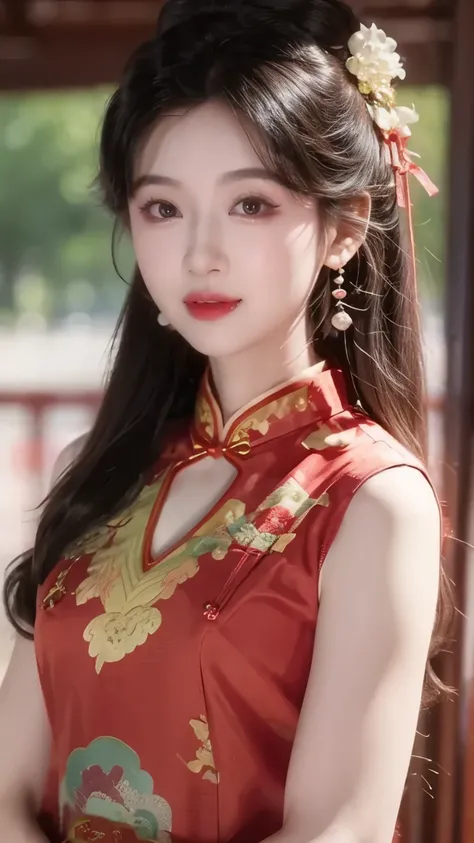 1 beautiful girl,Best Quality,(painting:1.5),Chest,torii,,depth of field, detailed face ,facial focus,ribbon_trim,(watching the audience:1.25),Smile,Thick lips,Real People,dark red cheongsam