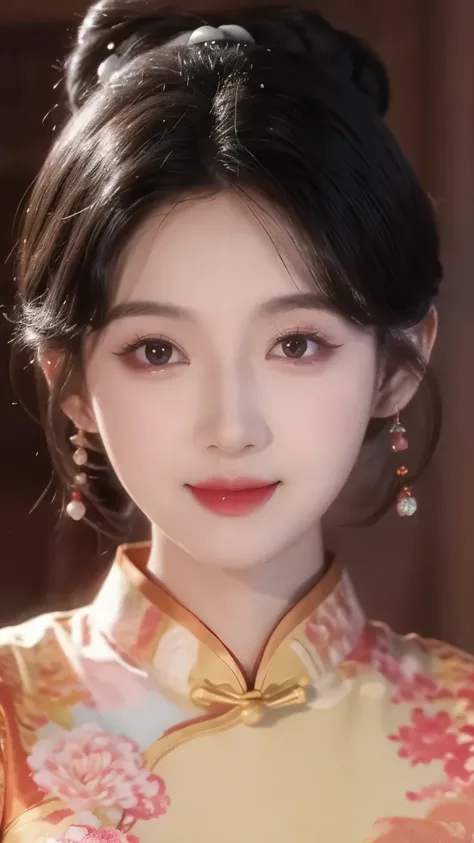1 beautiful girl,Best Quality,(painting:1.5),Chest,torii,,depth of field, detailed face ,facial focus,ribbon_trim,(watching the audience:1.25),Smile,Thick lips,Real People,dark red cheongsam