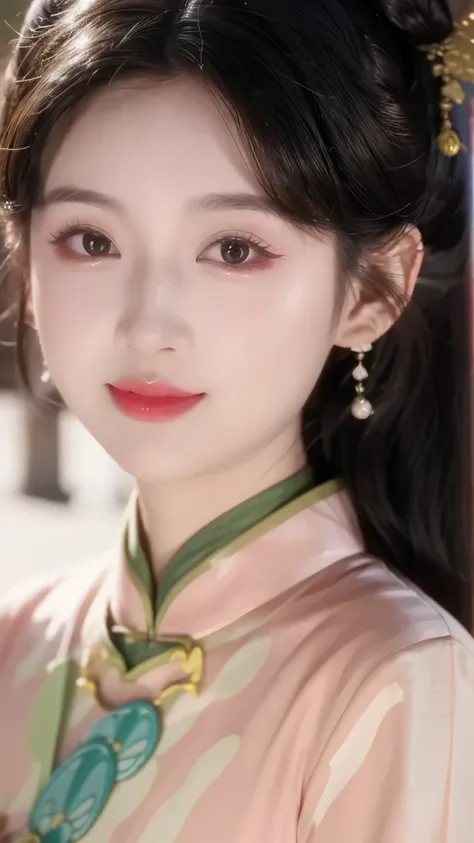 1 beautiful girl,Best Quality,(painting:1.5),Chest,torii,,depth of field, detailed face ,facial focus,ribbon_trim,(watching the audience:1.25),Smile,Thick lips,Real People,Dark cheongsam